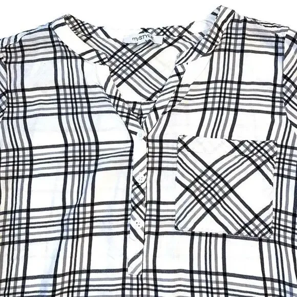 mySTYL Womens Shirt Top Plaid Button Up Long Sleeve Black White Pullover Large - Picture 2 of 9